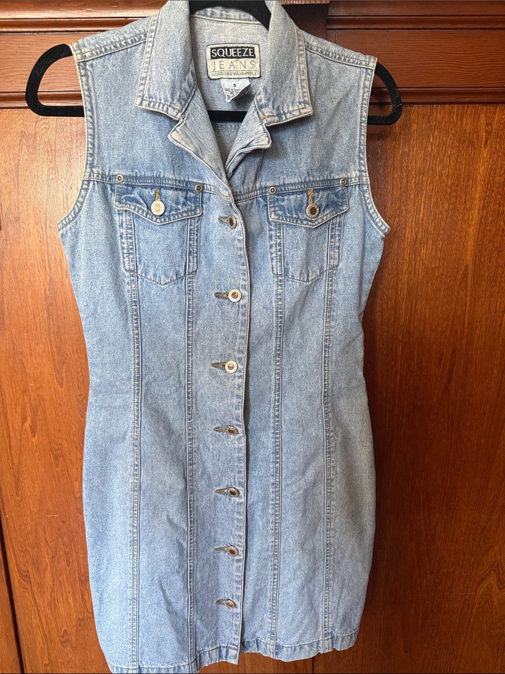 Vintage Squeeze Jeans Light Blue Denim Sleeveless Button-Front Dress Y2K